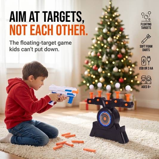 Kid aiming a FloatBlast blaster at floating targets - Aim at targets, not each other